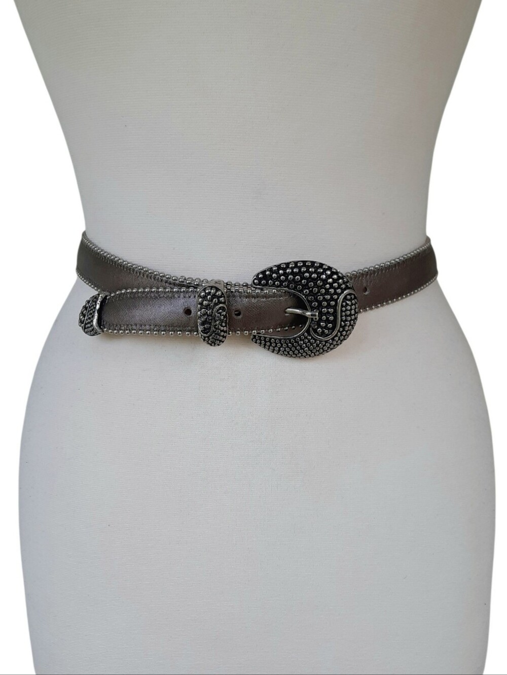 Vtg CACHE Bronze Leather Belt w/3pc Silver Buckle Set & Ball Chain Trim Edge M/L